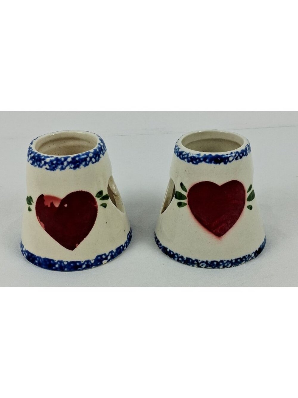 Pair Of Ceramic Heart Jar Candle Toppers Sponge Blue Trim with Red Heart Detail